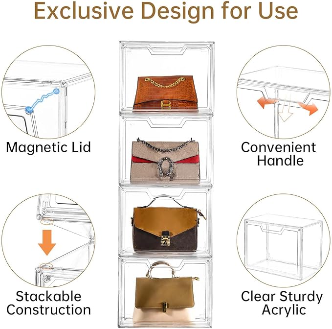 Freebat Stackable Storage Bins, Clear Acrylic Display Case, 9-Pack Acrylic Boxes with Lids, Clear Storage Containers Storage for Handbags, Collectibles & Figures