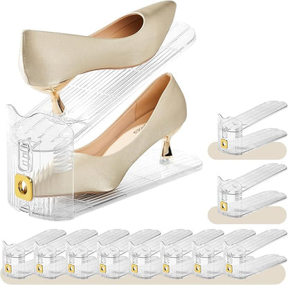 10 Pack Clear Shoe Slots Organizer for Closet, Adjustable Shoe Stackers for a Pair of Shoes,Shoe Storage Shoe Space Saver 50% Shoe Shelf Display Holder for Closet
