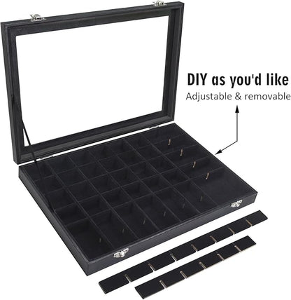 Jewelry Tray Organizer Box 48 Grid Jewelry Display Organizer Box with Transparent Lid Rings Earrings Necklaces Pendants Display Box Suitable for Women and Girls (48 Grid, Black)