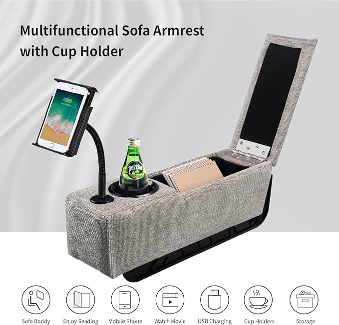 Multifunctional Sofa Armrest, Couch Armrest with Cup Holder, Removable Sofa Caddy with Storage,Equipped with LED Reading Light&Wireless Charge Stand, Grey