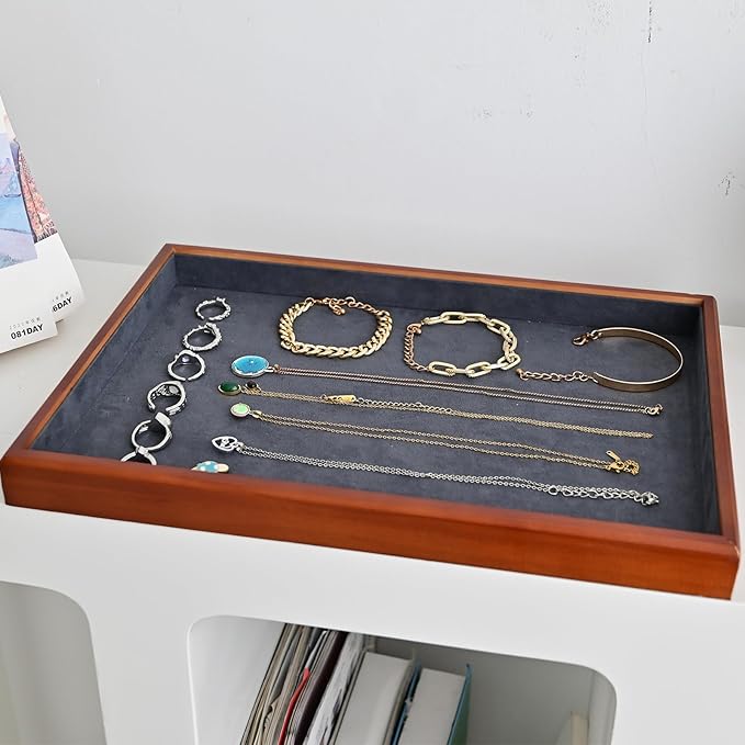 Elegant Wood Flat Jewelry Tray – 14"x9.5" Velvet Lined Display Organizer for Rings, Bracelets, Necklaces – Classic Wooden Storage for Vanity, Dresser, Countertop, Black&Brown