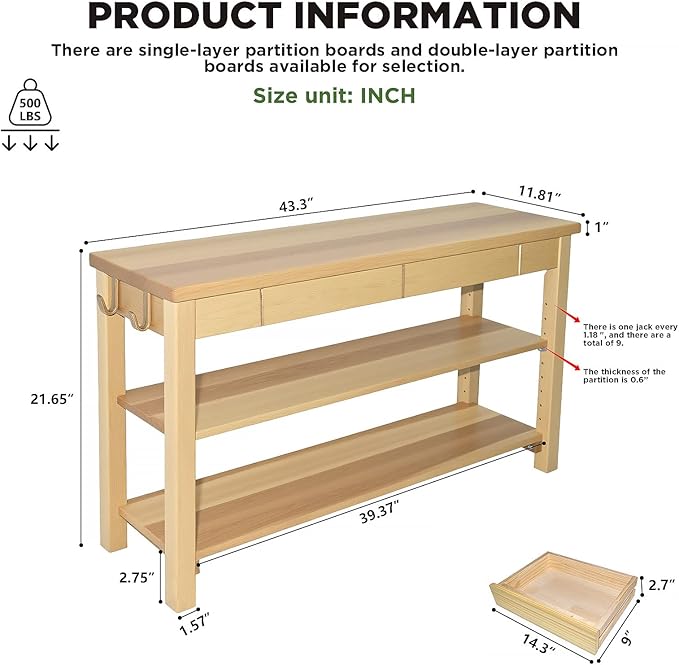 Shoe Storage Bench Wood Entryway: Shoe Rack Bench with Drawer 3-Tiers Height Adjustable,Rustic Wooden Organizer for Front Door Entrance Hallway Living Room,Mudrooms (Natural 2-Tiers, 43.3")