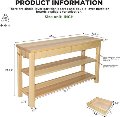 Shoe Storage Bench Wood Entryway: Shoe Rack Bench with Drawer 3-Tiers Height Adjustable,Rustic Wooden Organizer for Front Door Entrance Hallway Living Room,Mudrooms (Natural 2-Tiers, 43.3")