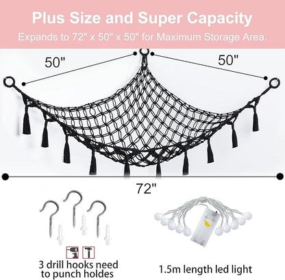 Stuffed Animal Net or Hammock with Light,Yewiwin Macrame Hanging Net Hammock for Stuffed Animal Toy Storage Organizer Boho Decor Room Holder for Nursery Play Room Bedroom (Black(55"*55"*72"))