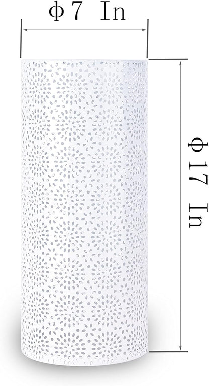 Umbrella Stand Rack for Entryway, Free Standing Metal Umbrella Holder, Round Umbrella Organizer Bin with 3 Hooks for Long Short Umbrella, Walk Stick, Home Office Indoor, 17 x 7 Inch, White