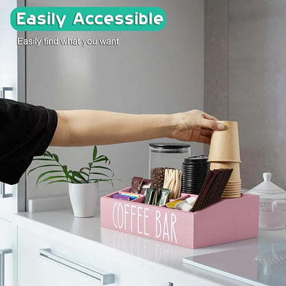 ALELION Pink Coffee Station Organizer for Countertop - 7 Compartments Coffee Bar Accessories and Organizer with Removable Dividers - for Pink Kitchen Coffee Bar Decor