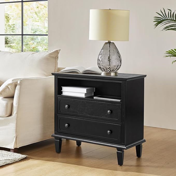 HULALA HOME Farmhouse End Table with Charging Station, End Table with USB Ports & Outlets, Fluted Pilasters Design Side Table with Open Space and 2 Drawers Dresser for Living Room, Black