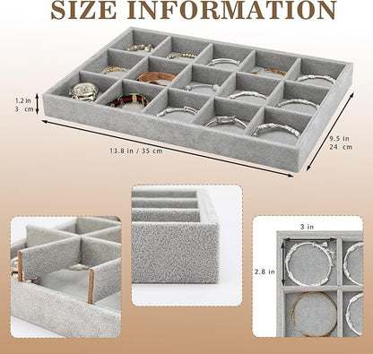 Polmart Stackable 15-Grid Jewelry Organizer/Storage/Display Trays, Gray Velvet (2-Pack)