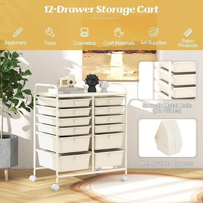 ARLIME 12-Drawer Rolling Storage Cart, 12 Drawer Organizer Trolley, Scrapbook Paper Organizer, Suitable for Office and School, Rolling Office Storage Tools
