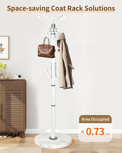 Modern Coat Rack Stand, 360° Rotary Metal Freestanding Coat Rack with Natural Marble Base, White Coat Racks and Coat Hanger Tree Jacket Stand with 14 Hooks for Office, Entryway, Hallway