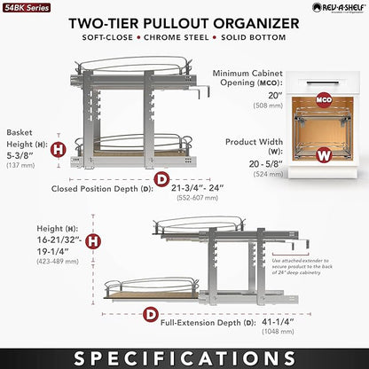 Rev-A-Shelf 2 Tier Pull Out Kitchen Cabinet Storage Organizer with Solid Bottom & Undermount Soft-Close Full Extension Slides, 54BK-21SC-2-1