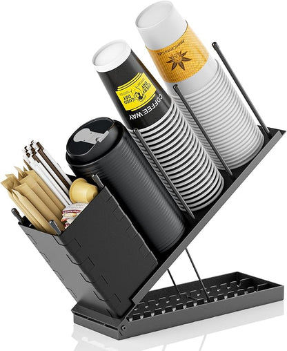 Dunatou Cup and Lid Holder, Adjustable Coffee Cup Holder Organizer, 4 Compartment Coffee Cup Dispenser, Straw Dispenser for Countertop, Coffee Station Bar, Office Breakroom, Black