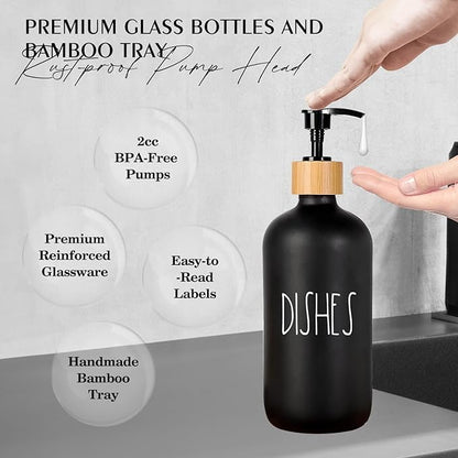 Arktek Glass Soap Dispenser Set with Tray, 2 Pack Hand and Dish Soap Dispenser Set for Bathroom and Kitchen Bottle Dispenser with Dish Soap, Hand Soap, Lotion 17 Oz (Black & White)