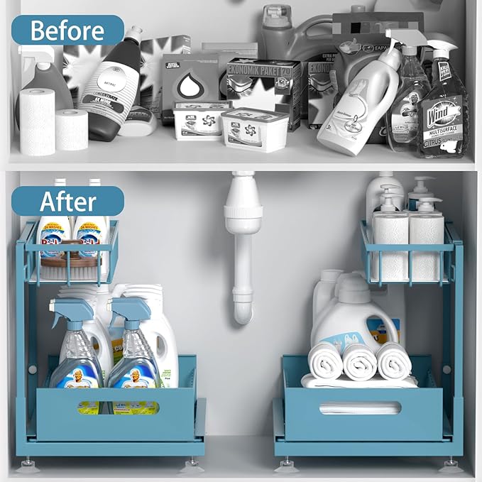 Under Sink Organizer Storage 2-Tier Premium Metal Pull-Out Racks, Height Adjustable, Heavy Dut and Easy Installation for Kitchen & Bathroom Organizers 1 Pack Teal