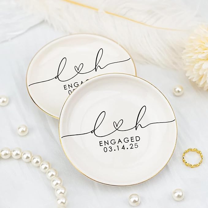 LullabyMall Custom Engagement Ring Holder Ring Dish, Custom Wedding Gifts for Couple, Bridal Shower Couple Jewelry Tray, Monogrammed Engagement Wedding Gifts for Bride 1
