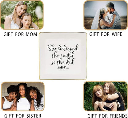 Tijeyi Jewelry Tray Ceramic Trinket Dish Ring Funny Birthday Gifts for Women Unique New Job Spiritual Congratulations Gift Best Friend Mom Friendship Office Decor,She Believed She Could So She Did