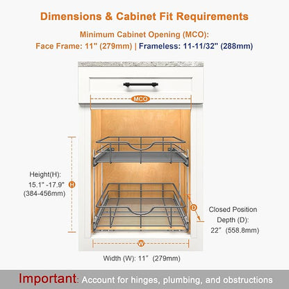 ALINE FURNITURE 2-Tier Pull Out Cabinet Organizer - 11" W x 22" D Soft Close Sliding Shelves with Shelf Liners - Pullout Drawers for Kitchen Cabinets, Pantry, Bathroom, Heavy Duty Steel Wire Baskets