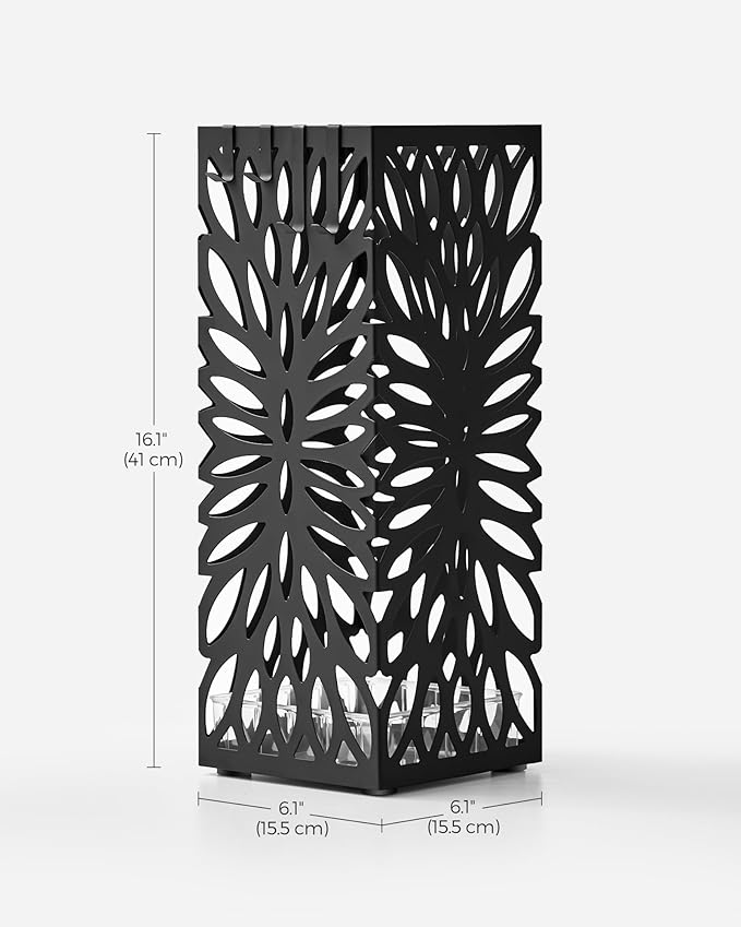 SONGMICS Umbrella Stand, Umbrella Holder for Entryway, Steel Square Umbrella Rack Organizer Freestanding, for Canes Walking Sticks, with a Detachable Drip Tray, 4 Hooks, Black ULUC026B33