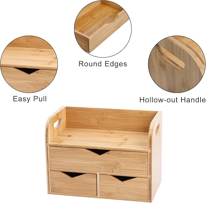 Hacaroa 3 Tier Bamboo Desktop Organizer with 3 Drawers, Mini Tabletop Craft Box Cosmetic Storage Drawer with Handle, Portable Desk Letter Mail Sorter for Office Supply, Toiletries