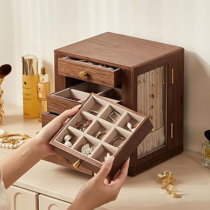 Homruilink Black Walnut Wooden Jewelry Box - 360° Rotating Jewelry Organizer for Women with 5 Drawers for Rings,Necklaces,Earrings and Bracelets -Large Storage Case - Valentines Day Gifts for Her