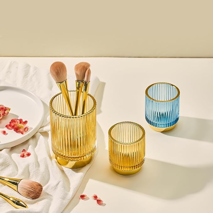 LEICURACE Makeup Brush Holder Organizer,Toothbrush Holders,Desk Pen Pencil Holder,Multifunctional Vintage Glass Brush Cup（S+L/Gold/A3-2-US）