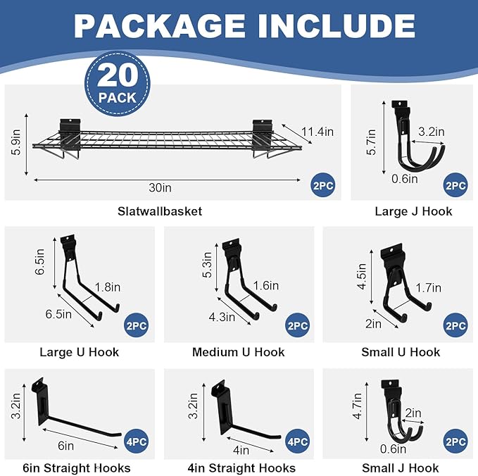 20PCS Slatwall Accessories Set, Includes 2 Pack Slatwall Wire Shelves (30 inches Width) and 18 Pack Heavy Duty Multisize Slatwall Hooks for Garage Organization, Retail Display (30 Inch)