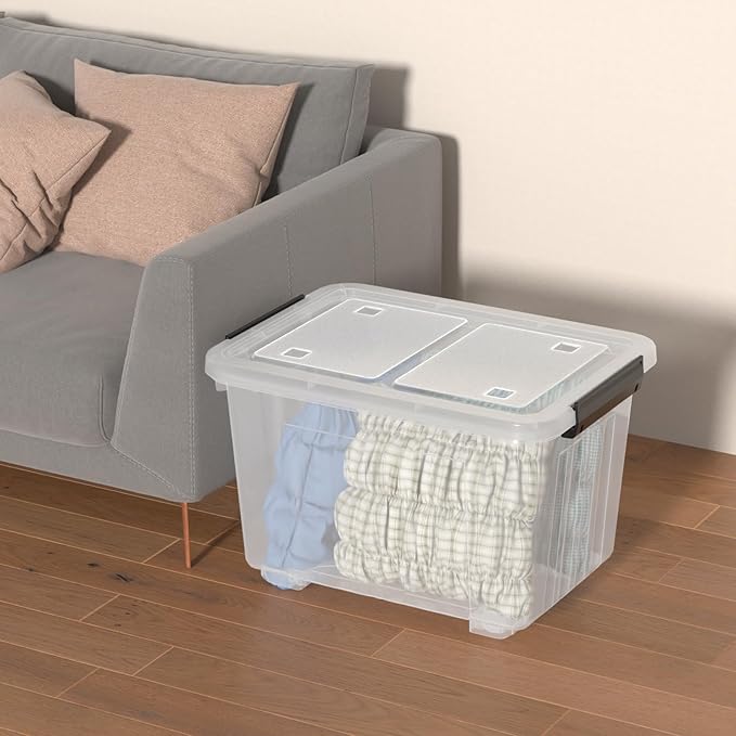 Qqbine 50 Quart Large Plastic Latching Box with Lid, Clear Storage Bin with Wheels, Stackable, 4 Packs