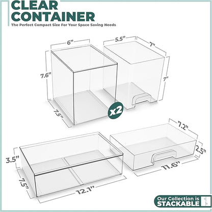 Sorbus Stackable Acrylic Storage Drawers – 2 Tall + 1 Wide – 3 Pack Clear Plastic Organizer Bins for Baby Bottles, Makeup, Bathroom & Vanity, Pull-Out Drawer Design for Kitchen Cabinets