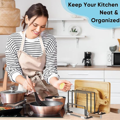 Cutting Board Organizer Rack with 7 Compartments, Heavy-Duty Iron Pan and Baking Sheet Organizer, Kitchen Cabinet Storage Rack with Non-Slip Base, Space-Saving Pot Lid Holder for Countertop & Pantry