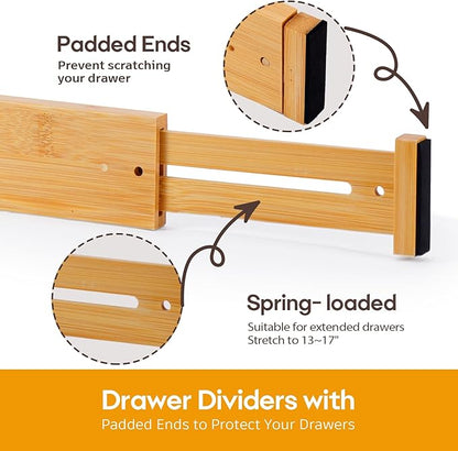 Bamboo Drawer Dividers Organizers, Kitchen Drawer Dividers for Clothes, Adjustable Drawers Separators for Dresser, Bedroom, Bathroom, Office, 4 Pack, 13“-17”