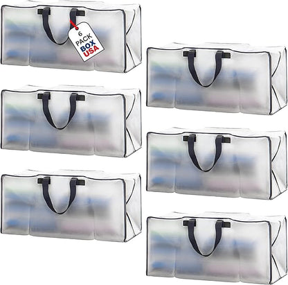 BOX USA 6 Pack Extra Large Clear Moving Bags with Handles & Zippers | Heavy Duty Storage Totes, Packing, Dorm Room Essentials & College Space Saving