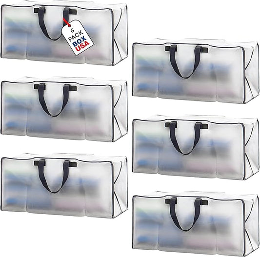 BOX USA 6 Pack Extra Large Clear Moving Bags with Handles & Zippers | Heavy Duty Storage Totes, Packing, Dorm Room Essentials & College Space Saving