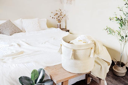Mkono Macrame Decorative Cotton Rope Basket Boho Cute Woven Tassel Closet Storage Bins Organizer for Nursery,Baby Toys,Blankets,Magazines, Potted Plants Cover,Living Room,Bedroom Home Decor 15"x 14"