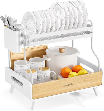 Urackify 2-Tier Dish Drying Rack – Large Capacity Dish Rack with Stainless Steel and Bamboo, Dish Drainers for Kitchen Counter, Drying Rack Kitchen with Utensil Holder and Drainboard, White