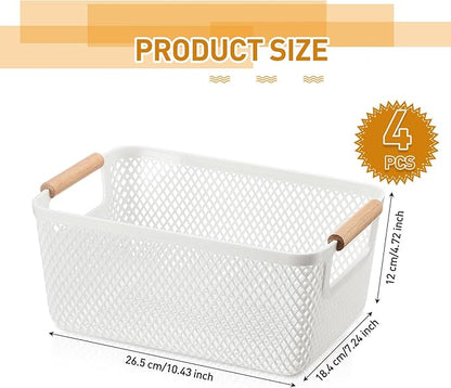 Tioncy 4 Pcs White Mesh Baskets with Wooden Handles Plastic Storage Organizer Baskets Pantry Basket Fruit Vegetables Gathering Basket Bin for Organizing Cabinet Closet Bedroom Kitchen(Small)