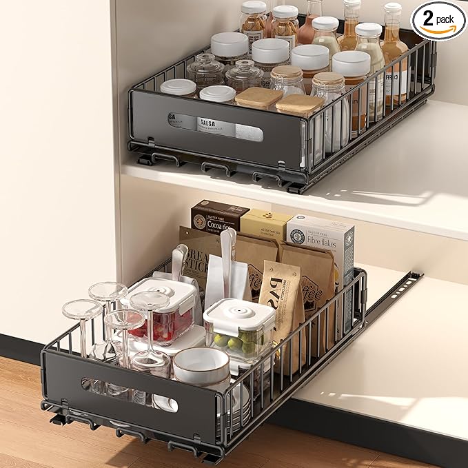 2 Pack Pull Out Cabinet Organizer, Slide Out drawers for cabinets, Heavy Duty Carbon Steel Roll Out Shelves for kitchen, bathroom, under sink, pantry (14.7’’-23.1’’ Slide, Adhesive & Screw)