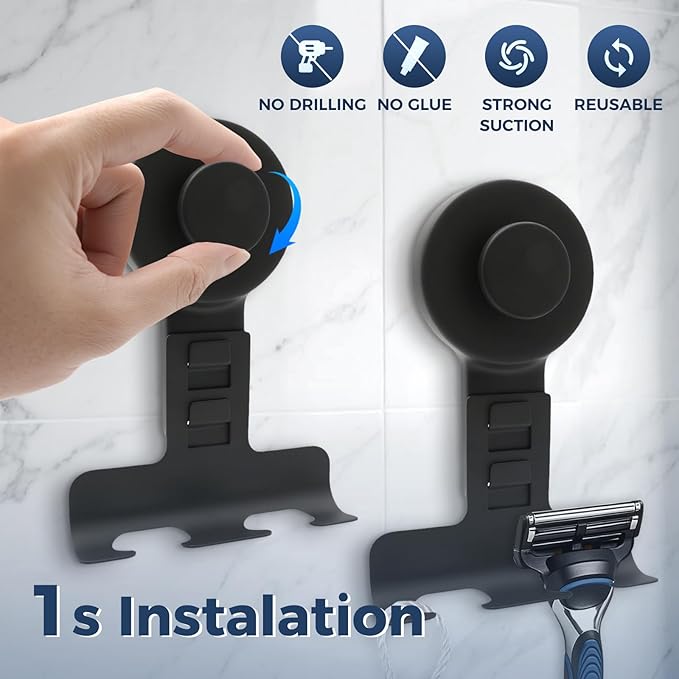 WingWider Suction Cup Razor Holder for Shower Wall 2 Pack,Heavy-Duty 15lbs Suction Hooks for Razor,Towel,Phone,Loofah, Removable Damage-Free Metal Shower Hook,Shaver Holder(Black)