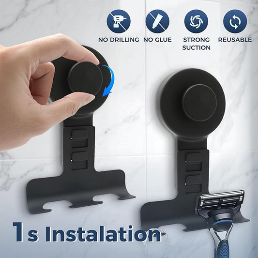 WingWider Suction Cup Razor Holder for Shower Wall 2 Pack,Heavy-Duty 15lbs Suction Hooks for Razor,Towel,Phone,Loofah, Removable Damage-Free Metal Shower Hook,Shaver Holder(Black)
