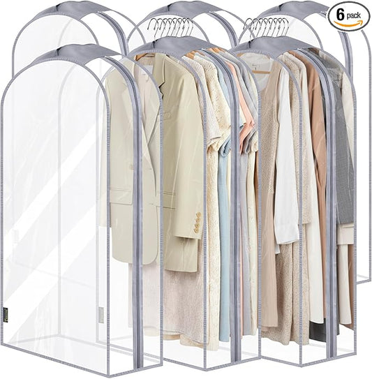 BALEINE 40'' Clear Garment Bags for Hanging Clothes, 10.5'' Wide PEVA Suit Bag for Closet Clothes Dresses Coat (Clear, 6PK)