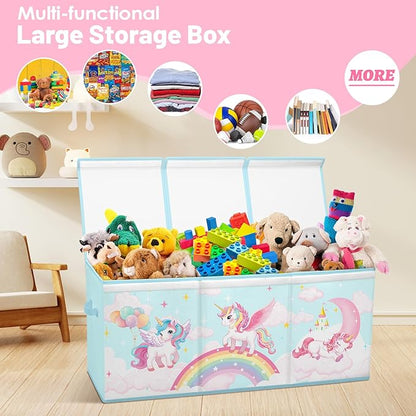 Toy Storage Bin with Lids,Extra Large Toy Box Chest with Handles for Kids Boys Girls,Collapsible Storage Organizer Box Bin Basket for Bedroom,Playroom, Nursery,37.8"x12.6" x15.7",Rainbow Unicorn
