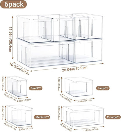 Clear Plastic Storage Bins with Dividers for Kitchen Pantry Organization, 6 Pack Thicken Stackable Storage Drawer Boxes for Refrigerator Cabinets Vanity Organizers and Storage, C6-3