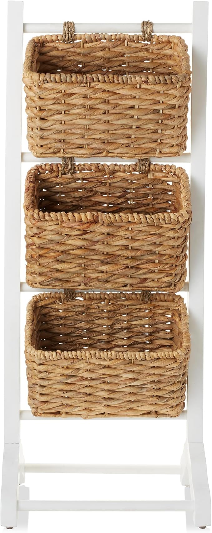 Casafield 3-Tier Floor Stand with Water Hyacinth Storage Baskets, White/Natural - Standing Organizer Rack for Bathroom, Kitchen, Laundry, Living Room