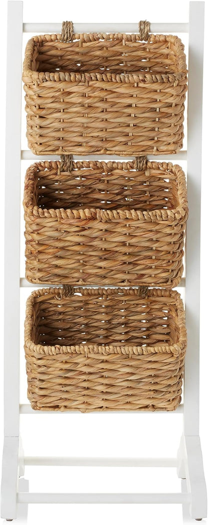 Casafield 3-Tier Floor Stand with Water Hyacinth Storage Baskets, White/Natural - Standing Organizer Rack for Bathroom, Kitchen, Laundry, Living Room
