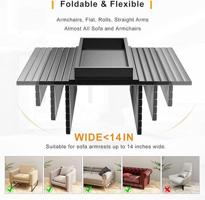 Bamboo Sofa Armrest Tray Table for Couch - 2-in-1 Couch Arm Table with Be Slide Detachable Tray- Anti-Slip Foldable Sofa Armchair Caddy for Drinks Cellphone TV Remote Snacks (Black)