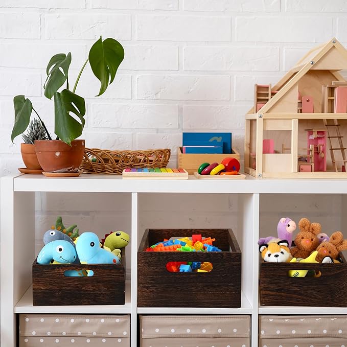 4 Pcs Wooden Nesting Countertop Baskets 4 Size Wooden Storage Box with Handle and Metal Wire Multipurpose Wood Organizer Crate for Fruit Vegetable Kitchen Cabinet Bathroom (Dark Brown,Big)