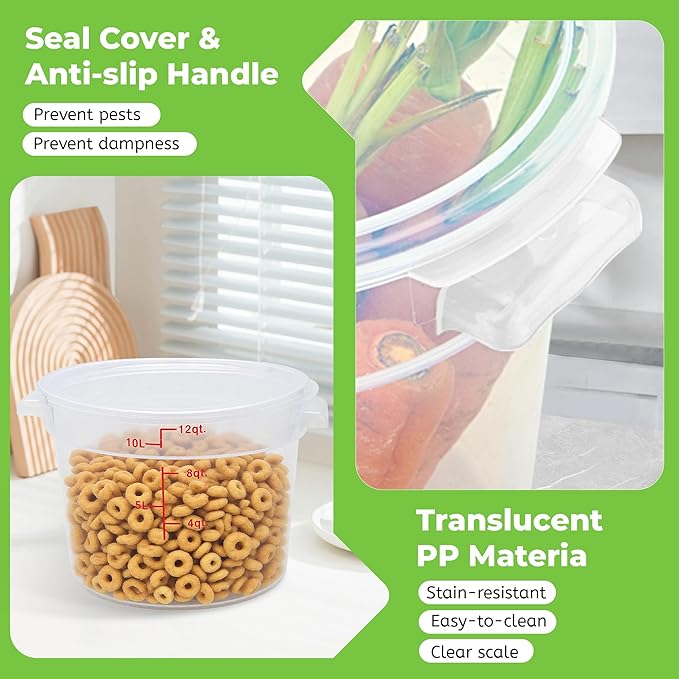 BIEAMA 4 Pack Round Food Storage Containers with Lids, 12Qt Translucent Commercial Food Container, Polypropylene, BPA Free, Includes Labels & Measuring Cups