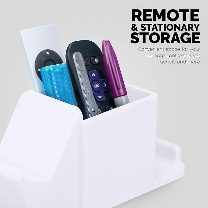 Desk Organizer with Game Controller Holder, Tablet Stand for iPads/iPhones, TV Remote & Pen Storage, Reduce Desktop Clutter, Have All Your Side Table Items in One Space (White)