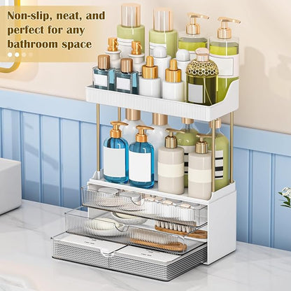 caktraie Bathroom Organizers and Storage - 3 Drawers 2 Tier Makeup Organizer, Cosmetic Storage Drawer for Dresser Countertop and Bathroom Vanity for Large Skincare, Perfume, Grey