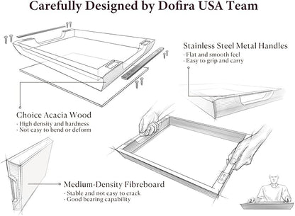 Acacia Wood Serving Tray with Metal Handles, 15x10 Inch Decorative Tray for Coffee Table Ottoman - Rustic Wooden Breakfast & Drink Tray, Farmhouse Centerpiece
