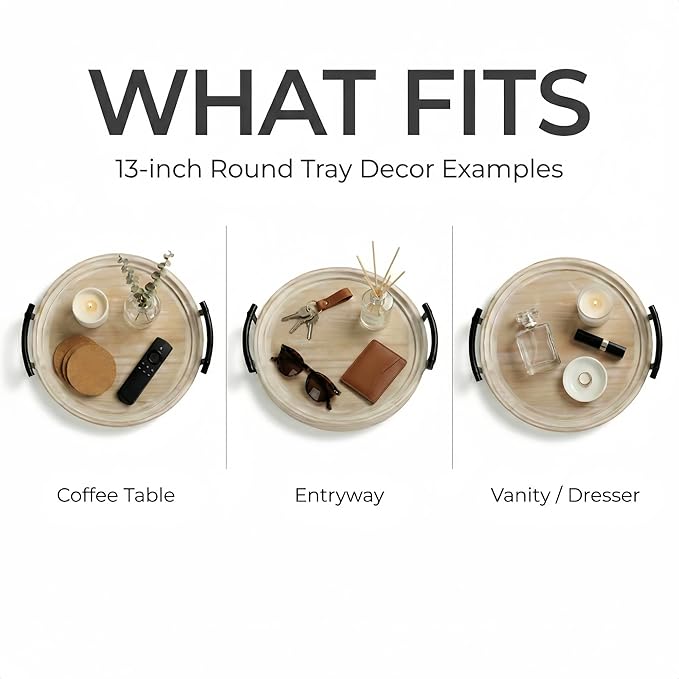 Decorative Round Tray with Bead Garland, 13 Inch Whitewashed Farmhouse Coffee Table Centerpiece, Wooden Decor Tray with Handles for Kitchen Island & Entryway